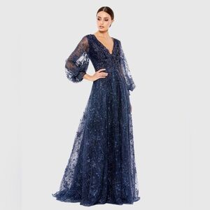 NWT $598 Blue Embellished Plunge Neck Puff Sleeve A Line Gown dress 20283
